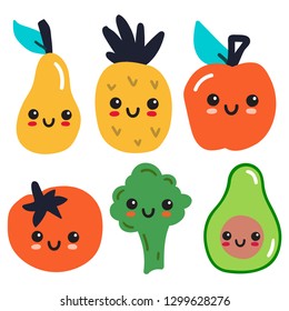 Vegetables and fruits. Cute kawaii icons. Vector hand drawn doodle illustrations for greeting card, t shirt, print, stickers, posters design.