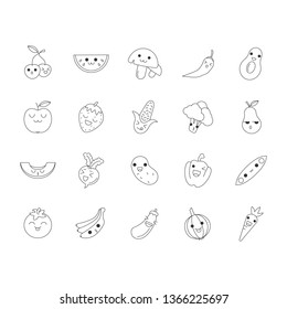 Vegetables and fruits cute kawaii linear characters. Happy banana and watermelon. Smiling tomato and cherry. Thin line icon set. Vector isolated outline illustration. Editable stroke