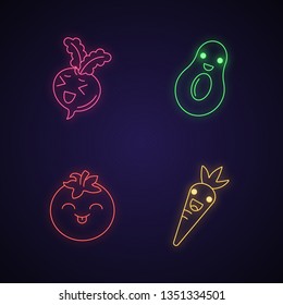 Vegetables and fruits cute kawaii neon light characters. Tomato and carrot with smiling face. Happy avocado and beetroot. Funny emoji, emoticon, smile. Glowing icons. Vector isolated illustration