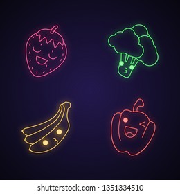 Vegetables and fruits cute kawaii neon light characters. Strawberry and papper with smiling face. Happy broccoli and banana. Funny emoji, emoticon, smile. Glowing icons. Vector isolated illustration