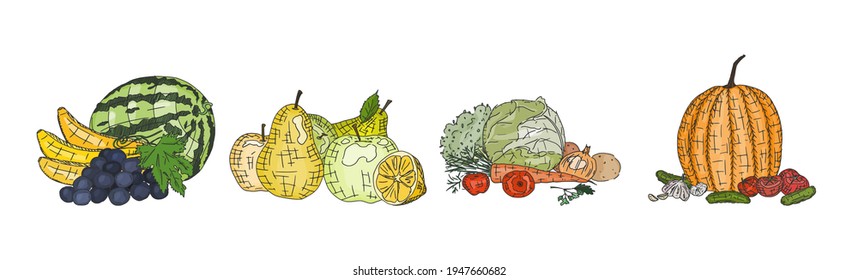 vegetables and fruits delicious natural vegetarian food. vector doodle style