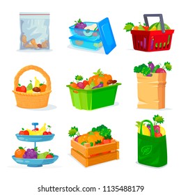 Vegetables and fruits different storage in the house and in the store. Eco package with shopping from store. Fruit basket. Fruit plate. Pumpkin, apple banana and exotic food in box. Fruitful set.