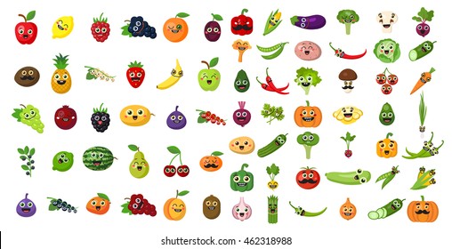 Vegetables and fruits faces set. Funny cartoon. For avatar, sticker, children's menu and more.