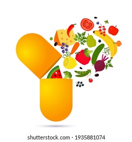 vegetables and fruits fall into the pill. vitamins and minerals in dietary supplements. nutritional concept. vector illustration isolated on white background