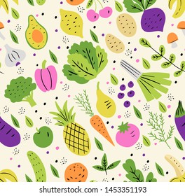 Vegetables and fruits flat hand drawn seamless pattern. Vector healthy, diet, organic food set for your design. Doodle style