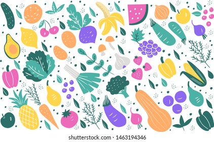 Vegetables and fruits flat hand drawn design isolated on white background. Vector healthy, vegan, organic food set for your design. 