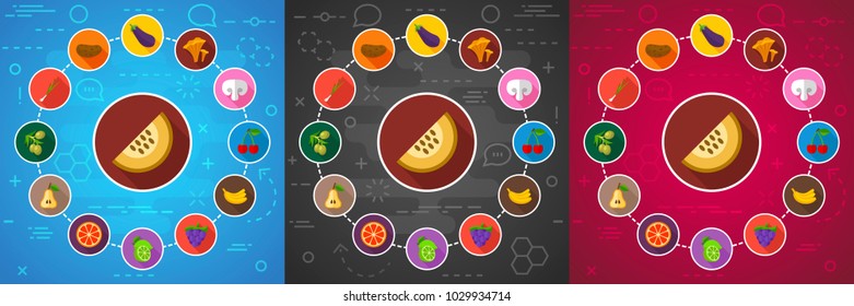 Vegetables and fruits flat icon concept. Vector illustration. Element template for design.