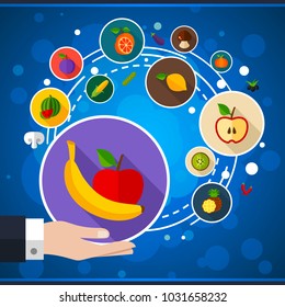 Vegetables and fruits flat icon concept. Vector illustration. Element template for design.