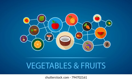 Vegetables and fruits flat icon concept. Vector illustration. Element template for design.