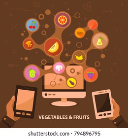 Vegetables and fruits flat icon concept. Vector illustration. Element template for design.