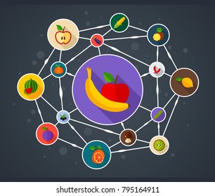 Vegetables and fruits flat icon concept. Vector illustration. Element template for design.