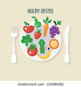 Vegetables and fruits flat icons on plate. Healthy lifestyle concept.