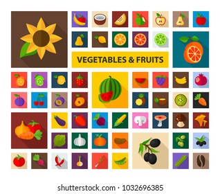 Vegetables and fruits flat icons set. Vegetarian symbols. Vector illustration.