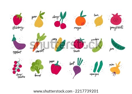 Vegetables and fruits flat vector illustration set. Cartoon agricultural product tomato, corn, carrot, beetroot, broccoli, apple, lemon isolated collection. Autumn harvest. Organic healthy eco product