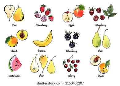 Vegetables fruits food icons set. Vector sketch in ink and watercolor. Apples, pears, grapes, peach