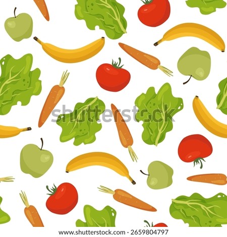 Vegetables and fruits. Food seamless pattern. Banana and apple. Fresh carrot. Vegetarian product. Tomato and salad lettuce. Cabbage leaves. Repeated print. Cooking vegan ingredient. Vector background