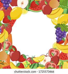 Vegetables and fruits in a frame. Watermelon, pumpkin, carrot, tomato, apple, onion, eggplant, banana, strawberry, beet, pepper, corn, peas, kiwi, lemon, grapes  Vector illustration