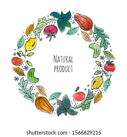 Vegetables and fruits framed pattern. Hand drawn vector sketch. Healthy food or natural product logo illustration.
