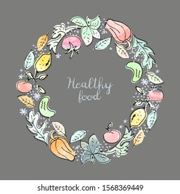 Vegetables and fruits framed pattern. Hand drawn vector sketch. Healthy food or natural product logo illustration.
