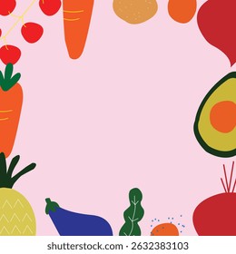 Vegetables and fruits frames, fruits illustration vector, pink background