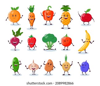 Vegetables and fruits funny characters in cartoon style. Vector illustration.