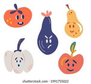 Vegetables and fruits with funny faces. Tomato, eggplant, apple, pear, pumpkin. Funny, Angry, Surprised. Food concept. For the supermarket. Vector cartoon smiley face fruit and vegetable characters