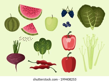 Vegetables and fruits. Green, vegetarian and healthy food. Apple, watermelon, blueberry, blackberry, kale, red hot pepper; sweet pepper; beetroot; celery; spinach.