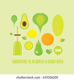 Vegetables Fruits Greens Bottle with smoothie juice Healthy food concept