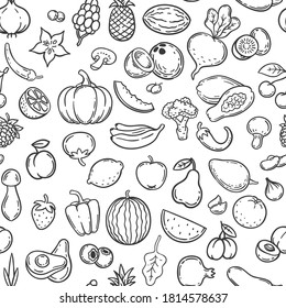 Vegetables and fruits. Hand drawn contour fruit and vegetable icons, vegan lifestyle, healthy organic food, doodle vector seamless pattern. Contour fresh citrus carrot, kiwi and cabbage illustrations