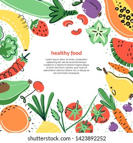 Vegetables and fruits hand drawn illustratoin. Healthy meal, diet, nutrition. Organic food restaurant and support farmers market concept. Vegetables in square composition with place for your text.