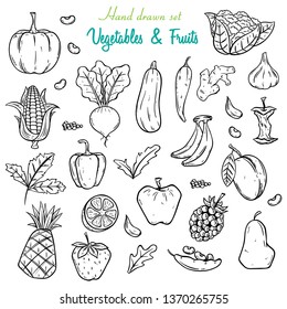 vegetables and fruits hand drawn style with black and white color