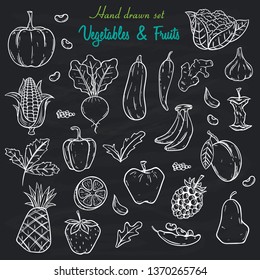 vegetables and fruits hand drawn style with black and white color on black background