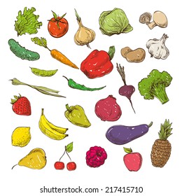 Vegetables and fruits hand drawn, vector illustration