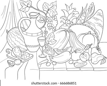 Vegetables and fruits harvest style vector illustration. Thanksgiving Day still life. Old engraving imitation. Coloring book black lines on a white background