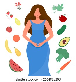 Vegetables and fruits for a healthy diet for a beautiful pregnant woman. Flat vector. Girl surrounded by vegetables and fruits.