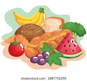 vegetables with fruits and healthy food icons vector illustration design