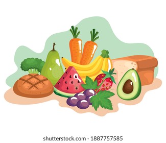 vegetables and fruits with healthy food set icons vector illustration design
