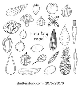 Vegetables and fruits healthy food set vector illustration, hand drawing doodles