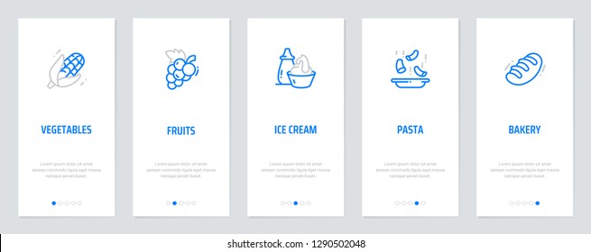 Vegetables, Fruits, Ice cream, Pasta, Bakery Vertical Cards with strong metaphors. Template for website design.