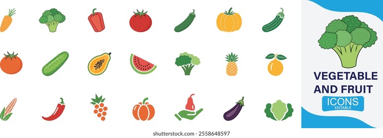 Vegetables and fruits icon set. Carrot, Cucumber, Sweet Pumpkin, Eggplant, Capsicum, Broccoli, You can easily change the color.