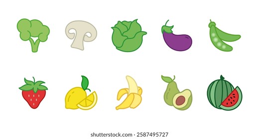 Vegetables and fruits icon set colored. Healthy food symbol. Organic vegetable and fresh fruit vector illustration. Natural nutrition sign. Grocery and market pictogram. Farm harvest and diet concept.