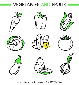 Vegetables and fruits icon set. Includes: carrot, pepper, corn, cabbage, cucumber, tomato, eggplant, avocado and onion for web, mobile app, logo, infographics, visualizations. Lines without expand