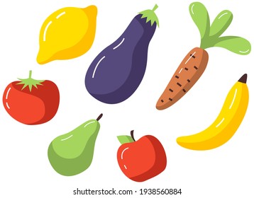 Vegetables and fruits icons set. Creative colorful flat illustrations and concepts for web banners