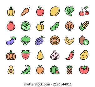 Vegetables and fruits icons set. Vector line icons, modern colorful linear design graphic elements, outline symbols isolated on white background