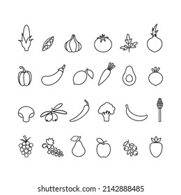 Gemüse und Früchte Symbole gesetzt. Vektorgrafik.