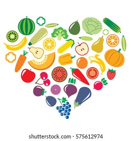 Vegetables and fruits icons in the shape of heart background illustration isolated on white vector