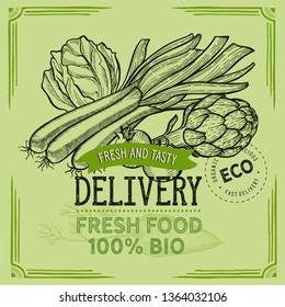 Vegetables and fruits illustration for farm market on background. Vector hand drawn organic and vegetarian food. Design poster with lettering and doodle vintage graphic.