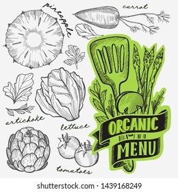 Vegetables and fruits illustration for farm market on background. Vector hand drawn organic and vegetarian food. Design poster with lettering and doodle vintage graphic.