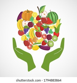 Vegetables and fruits with the image of hands. Watermelon, pumpkin, carrot, tomato, apple, onion, eggplant, banana, strawberry, beet, pepper, corn, peas, kiwi, lemon, grapes  Vector illustration