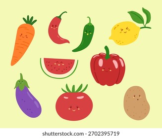 Gemüse und Früchte einzeln süß Vektor im Kinderstil. Cartoon mit verschiedenen Gesichtern. Karotte, Chili, Paprika, Aubergine, Tomate, Kartoffel, Zitrone, Wassermelone Illustration für Design-Element.